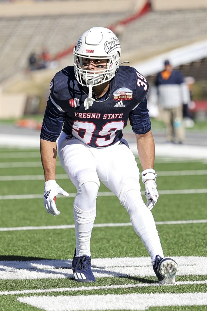 Jason M. Diaz Jr. playing defensive back for the Fresno State Bulldogs at the 2021 New Mexico Bowl victory over the UTEP Miners