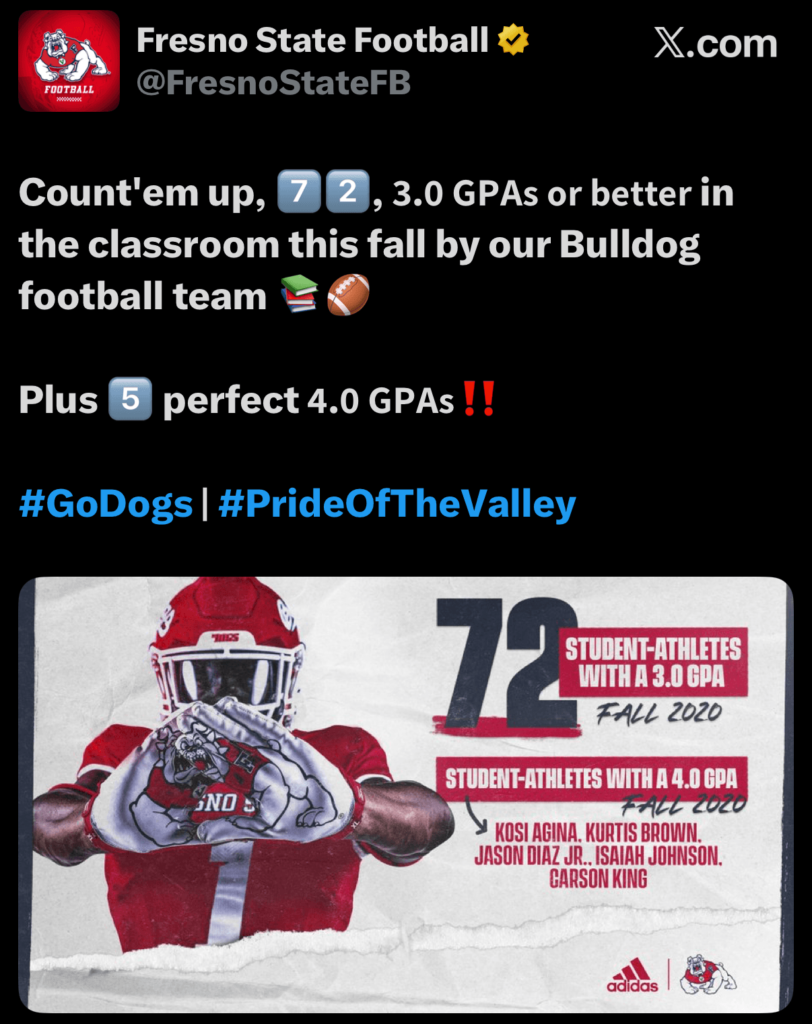 Official Fresno State Football graphic honoring Jason Diaz Jr. as a student-athlete achieving a perfect 4.0 GPA for the Fall semester and earning Presidents List Honors on his Transcript